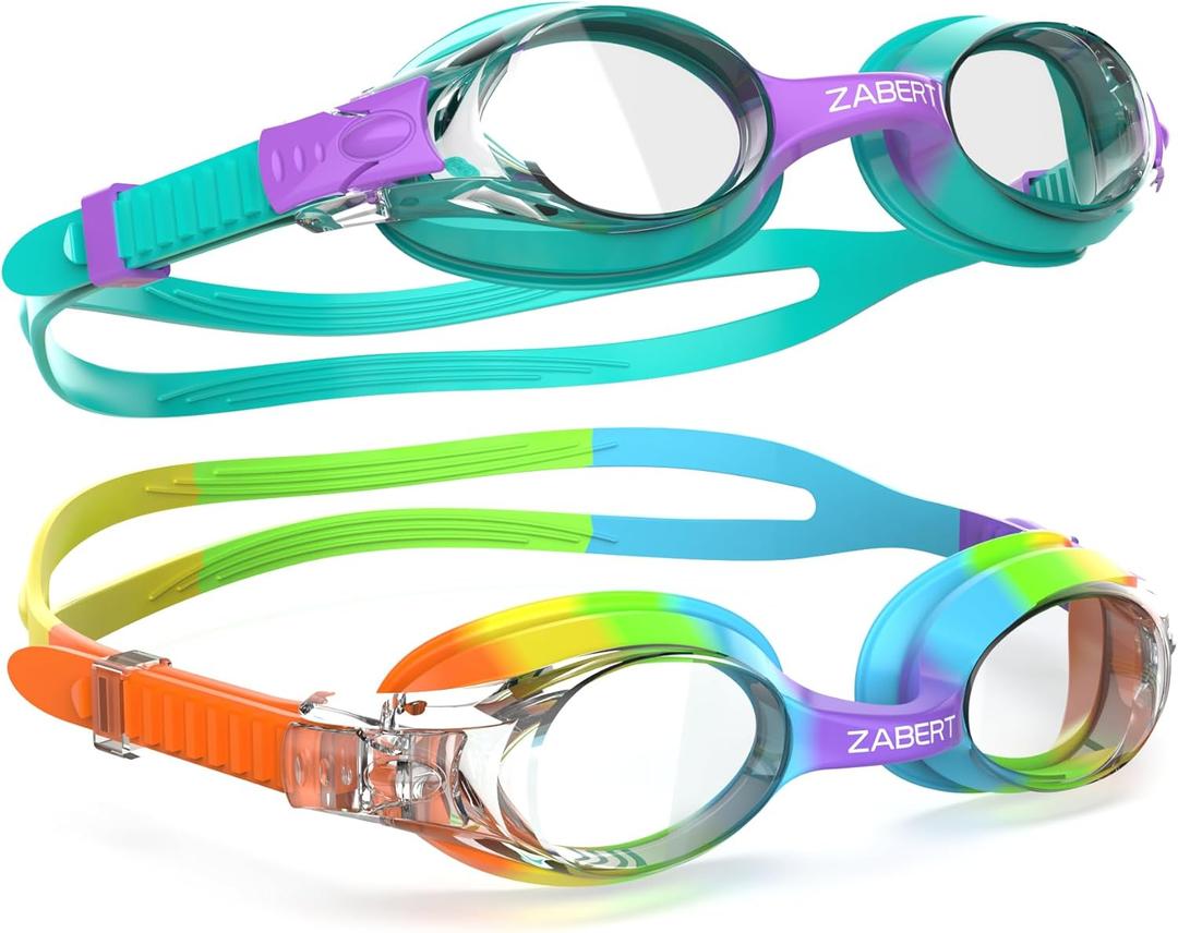 K20 Swimming Goggles for Kids Girls Boys Age 3-10 Years Old, Anti-fog 100% UV Protection with Travel Bag (#92.[2pack] Rainbow & Teal Purple)