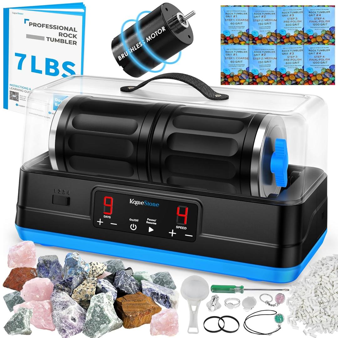 K4 Ultra Quiet Rock Tumbler Kit, Professional Brushless Motor & Double-Barrel for 7 LBS Capacity, 6X Noise Cancelling Rock Polisher with All Accessories, Ideal Gift for Adults