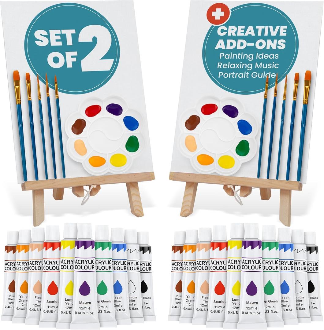 CraftyCrocodile Set of 2 Painting Kits for Adults and Couples - Sip and Paint Kit for Date Night and Crafts - Acrylic Painting Kit with Canvas Boards and Easels - Couple Art Set for Starters