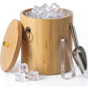 Honeydak 3L Bamboo Ice Bucket with Stainless Steel Interior, Insulated Ice Bucket with Lid & Handles, Includes Scoop & Tongs, for Champagne, Wine, Cocktails, Parties, Bars, Home, Outdoor