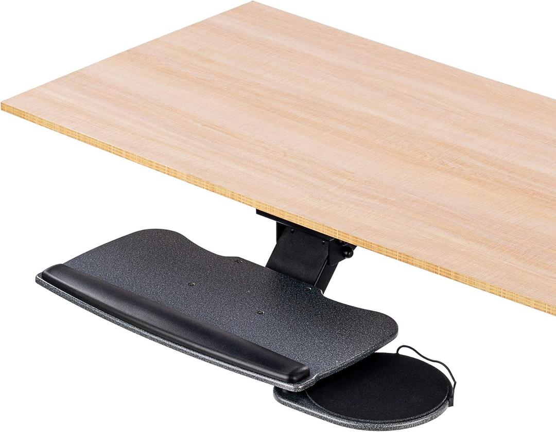 Under Desk Keyboard Tray, 20" x 11" Tray, 17.75" Track, One Knob Control, Undermount Sliding Computer Keyboard and Mouse Tray with Wrist Rest, Swivels 360 with Adjustable Height and 15 Tilt