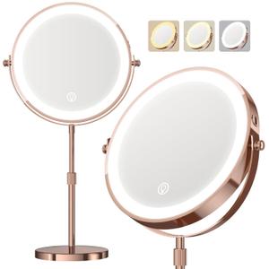 20X Makeup Mirror with Lights, 9" Magnifying Mirror with Light Brightness Adjustable Lighted Makeup Mirror with Magnification, 5000 mAh Rechargeable Double Sided Mirror with 3 Colors, Gift for Women (Rose Gold)