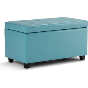 SIMPLIHOME Cosmopolitan 34 inch Wide Transitional Rectangle Storage Ottoman in Soft Blue Vegan Faux Leather, Assembled, For the Living Room, Entryway and Family Room