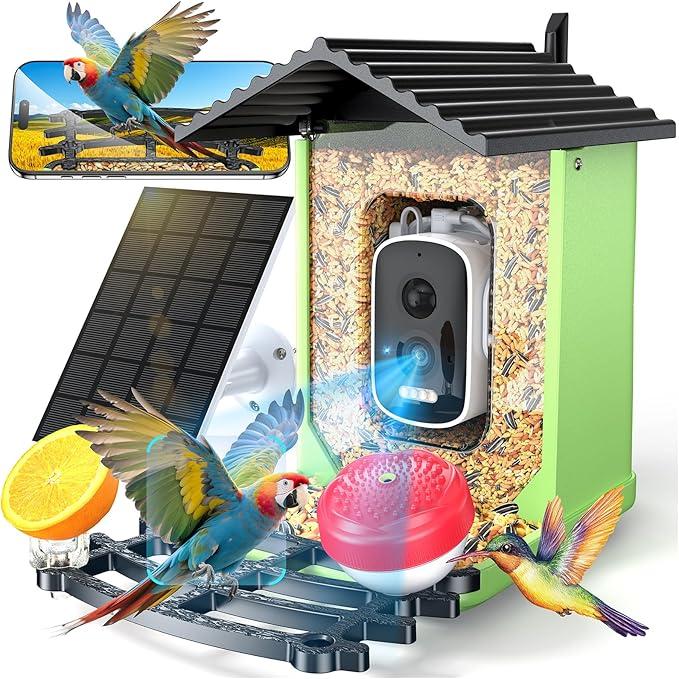 Bird Feeder with Camera, 2K HD AI Identify Smart Bird House Camera with Solar Powered, Live View, Instant Arrival Alerts, Auto Capture Video for Outside, Supports 2.4GHz Wi-Fi Only, Bright Green