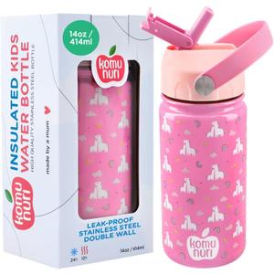 KOMUNURI Stainless Steel Leak Proof Kids Water Bottle with Straw & Lid 14oz - Insulated Spill Proof Water Bottle for Boy, Cold 24 Hour Toddler Girls Water Bottles for School (Pink - Unicorn-Rainbow)