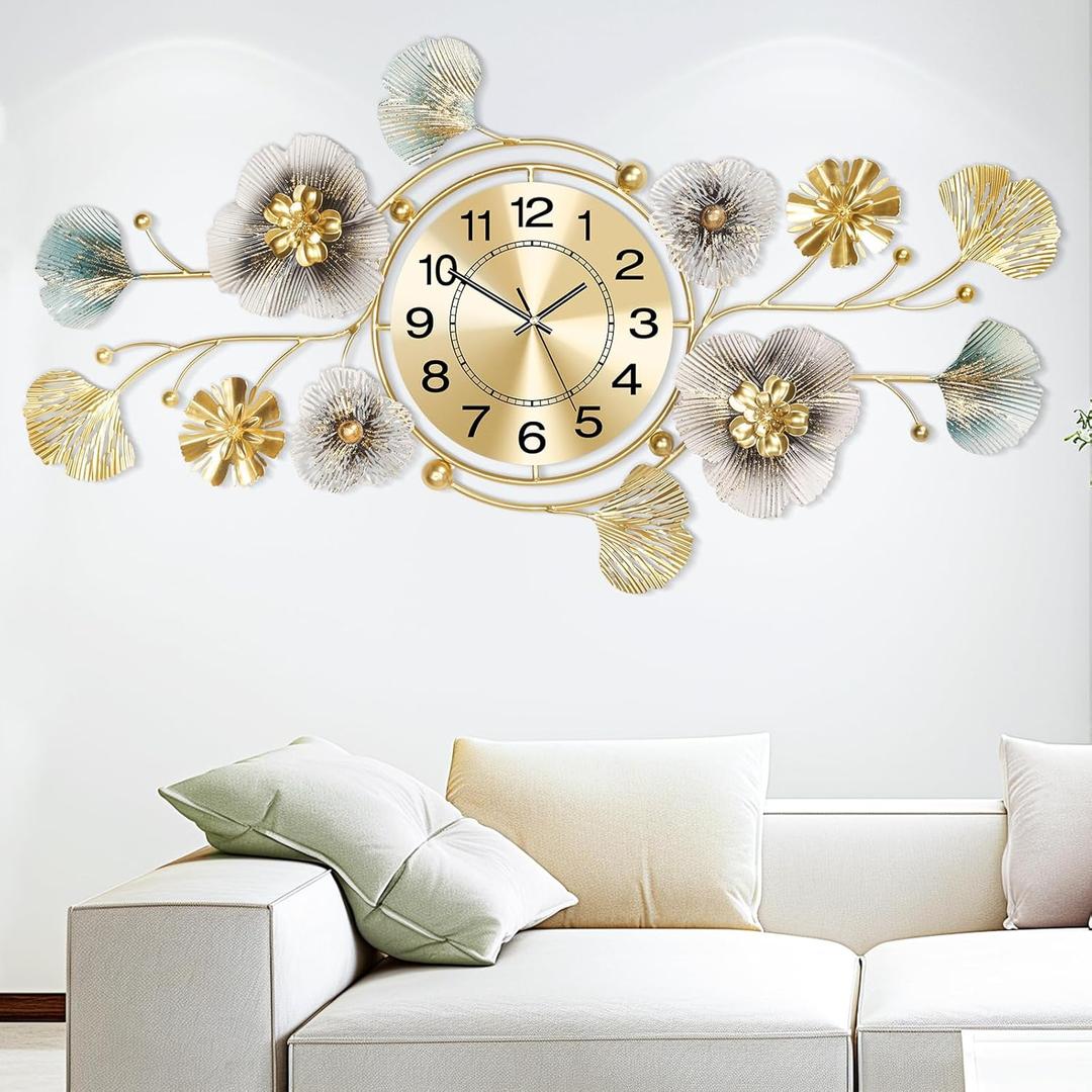 Wall Clock, Clocks for Living Room, Silent Wall Clock Decorative, 3D Retro Metal Ginkgo Leaf Design, for Office Bedroom Kitchen Clock(33''x18'') (Blue Color - Arab)