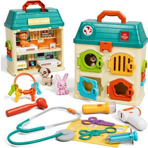 Lehoo Castle Veterinarian Playset for Kids, Pet Vet Toys Doctor Kit for Toddlers 3-5, Critter Clinic Toy with Keys, Pet Care Playset Hospital, Pretend Play Toy for Toddlers 1-3