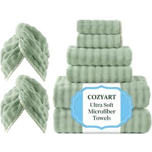 COZYART Lint Free Towel Sets 8 Pcs Sage Green, Thick, Super Soft, Absorbent & Quick Dry Microfiber 3D Bubble Bathroom Daily Use Set with 2 Bath Towels, 2 Hair Towels, 2 Hand Towels, 2 Washcloths
