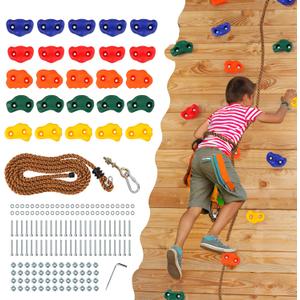 FRUITEAM 25 Rock Climbing Wall Holds for Kids Adults,Indoor and Outdoor Playground Rock Wall Climbing Kit,Knotted Climbing Rope,Colourful Climbing Rock Wall Grips for Kids