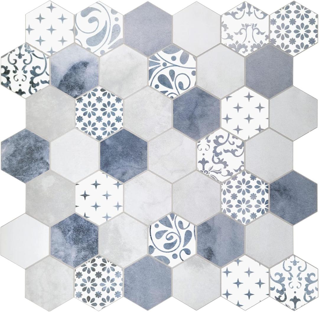 The Tiles Plaza 10Sheet Peel and Stick Backsplash, Blue Cement Hexagon Stone Composite Marble Looks Self Adhesive Wall Tile, Stick On Tiles for Kitchen Bathroom Shower, Cover 9 Sq Ft.
