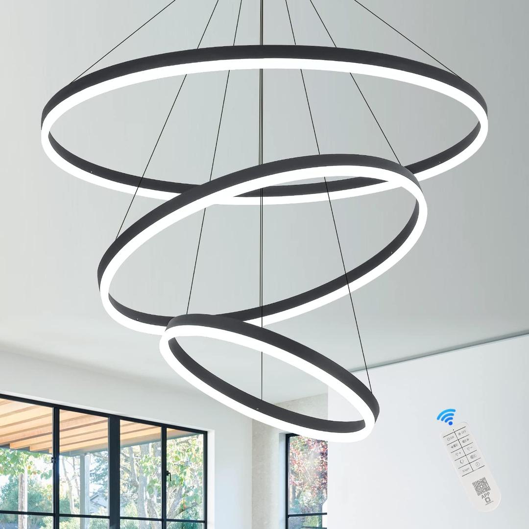 3-Rings D31.5 Modern LED Chandelier Black, Dimmable Pendant Lighting with Remote Control Circular Flush Mount High Ceiling Light for Living Dining Room Bedroom Foyer, 3000K-6500K
