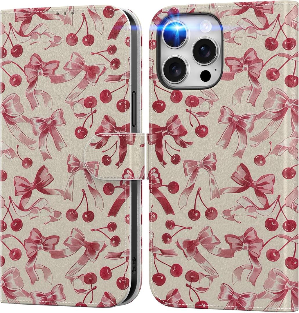 DEENAKIN for iPhone 15 Pro Wallet Case with Card Holder + Cash Clip, RFID-Blocking, Military-Grade Drop Protection & UV-Printed Artwork, Magnetic Closure with Leather Stand - Red Cherry and Bows