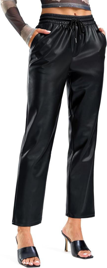 SANTINY Women's Faux Leather Pants High Waisted Straight Leg Cropped Ankle Trousers Vegan Matte Pleather Pants for Women (Black, L)