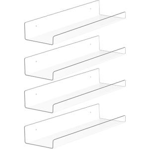 4 Pack Acrylic Shelves for Wall Storage,15" Floating Bookshelves for Kids, Display Shelf for Bathroom, Bedroom,Decor, Clear (3.9X15 inches)