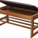 Shoe Rack Bench Seat Rubberwood 2-Tier Wooden Storage Bench 550lbs Compact Mid-Century Modern Design for Entryway, Hallway, Closet, Front Door Entrance, Foyer (31.5inch, Leather Cushion)