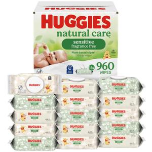 Huggies Natural Care Sensitive Baby Wipes, Unscented, 15 Packs, 960 Wipes
Fragrance Free, Gentle Clean, Hypoallergenic, Dermatologist Tested, No Harsh Irritants, 1-Handed Dispensing