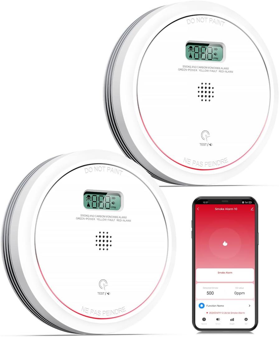Wi-Fi Smoke Detector Carbon Monoxide Detector Combo with Replaceable Battery, Smart Smoke and CO Detector with LCD Display, 2 Packs