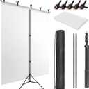 White Backdrop with Stand for Photoshoot, 5X6.5ft White Photo Backdrop with T Shape Background Backdrop Stand for Photography, Portable Photo Backdrop Curtain Stand Kit w Carrying Bag 5 Spring Clamps