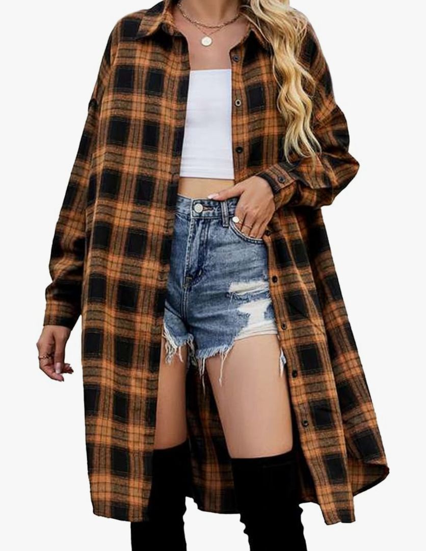 Blooming Jelly Women's Button Down Flannel Shirts Plaid Shacket Long Sleeve Collared Long Jacket Coats XL