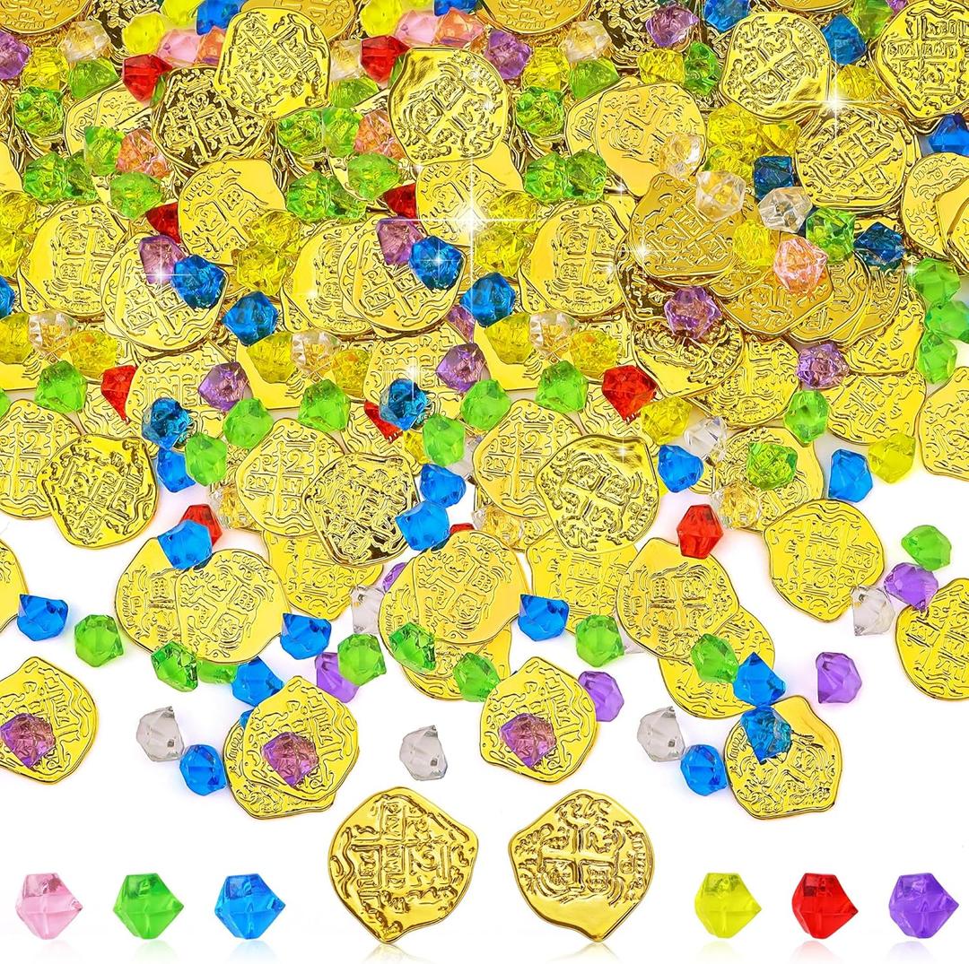 200Pcs Pirate Treasure Set, 100Pcs Plastic Pirate Gold Coins and 100Pcs Pirate Jewelry for Adventure Themed Party Decorations,Colorful Fake Gemstones for kids Treasure Hunt
