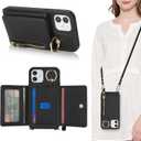 for iPhone 12 Mini Case with Card Holder,for iPhone 12 Mini Wallet Case for Women with Strap Crossbody Lanyard Stand Ring,PU Leather Zipper Pocket Phone Cover-Black