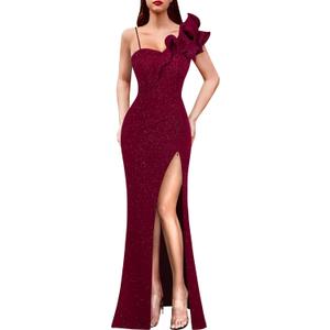 VFSHOW Womens Ruffle One Shoulder Formal Prom Gala Maxi Dress Evening Gown | V Neck, Bodycon, Sexy Ruched High Slit, Long Cocktail Wedding Guest Dresses, Party, Bridesmaid, Sparkly Dark Red, XS