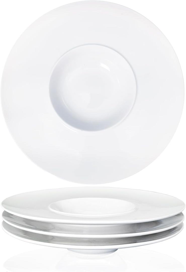 Ceramics Rimmed Soup Bowls 8.5 Oz, White 10.4 Inch Exquisite Small Soup Plate Set Of 4, Pasta Plates With Rim Is The Best Choice For Hotels, Kitchens, Fine Restaurants And Gourmets