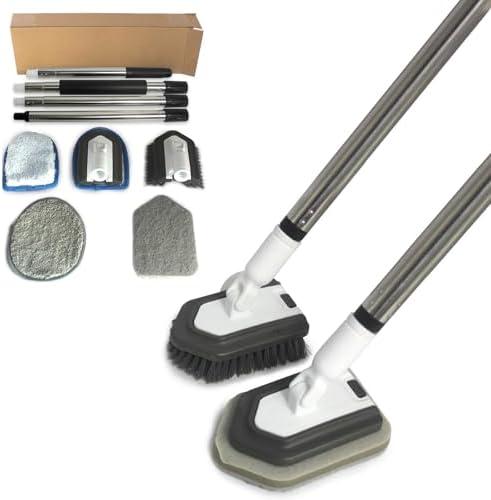 FRAXIR Floor Scrub Brush, 5 in 1 Tile Tub Scrubber with 56" Adjustable Long Handle and 5 No Scratch Scrubber Heads for Bathroom, Kitchen, Toilet, Bathtub