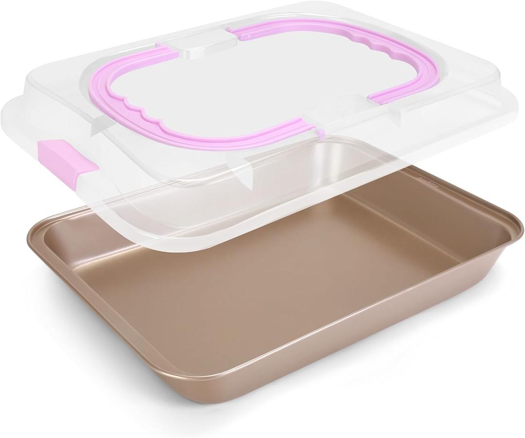 Rectangular Cake Pan with Lid, 9 x 13 Inch Baking Pan With Lid and Handle, Nonstick Bakeware Bake & Roast & Cook Carrier Pan, Champagne