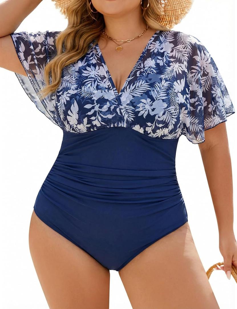 Blooming Jelly Women's Plus Size Swimsuit One Piece Bathing Suit Tummy Control Mesh V Neck Maternity Swimwear,XXL