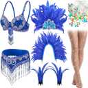 Canlierr 7 Pcs Women Feather Belly Dance Costume Outfit Set Bra Belt Feather Shawl Cape Headdress Wrists Sparkly Fishnets Stockings Shiny Confetti for Cosplay Showgirl Halloween Samba Carnival Party Medium