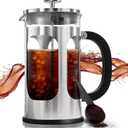 BAYKA 34oz French Press Cold Brew Coffee Maker, Heat and Cold Resistant Thickened Borosilicate Glass Stainless Steel Coffee Press, Iced Coffee Pot Tea Pitcher for Kitchen Travel Camping,1 Liter,Silver