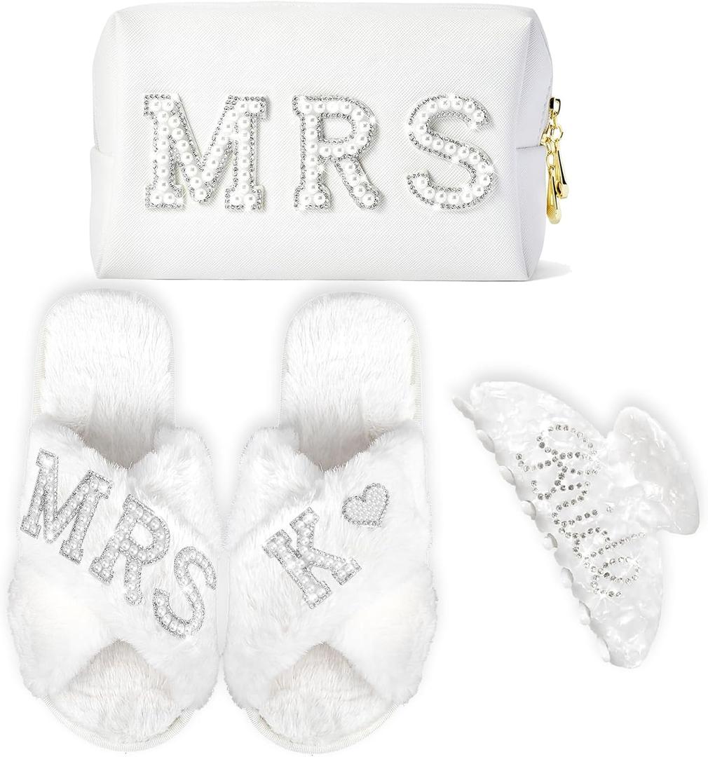 Personalized Initial Wedding Bride Slippers, Bride to Be Gifts, Bridal Shower Gifts, Bride Hair Clip MRS Makeup Bag (White)