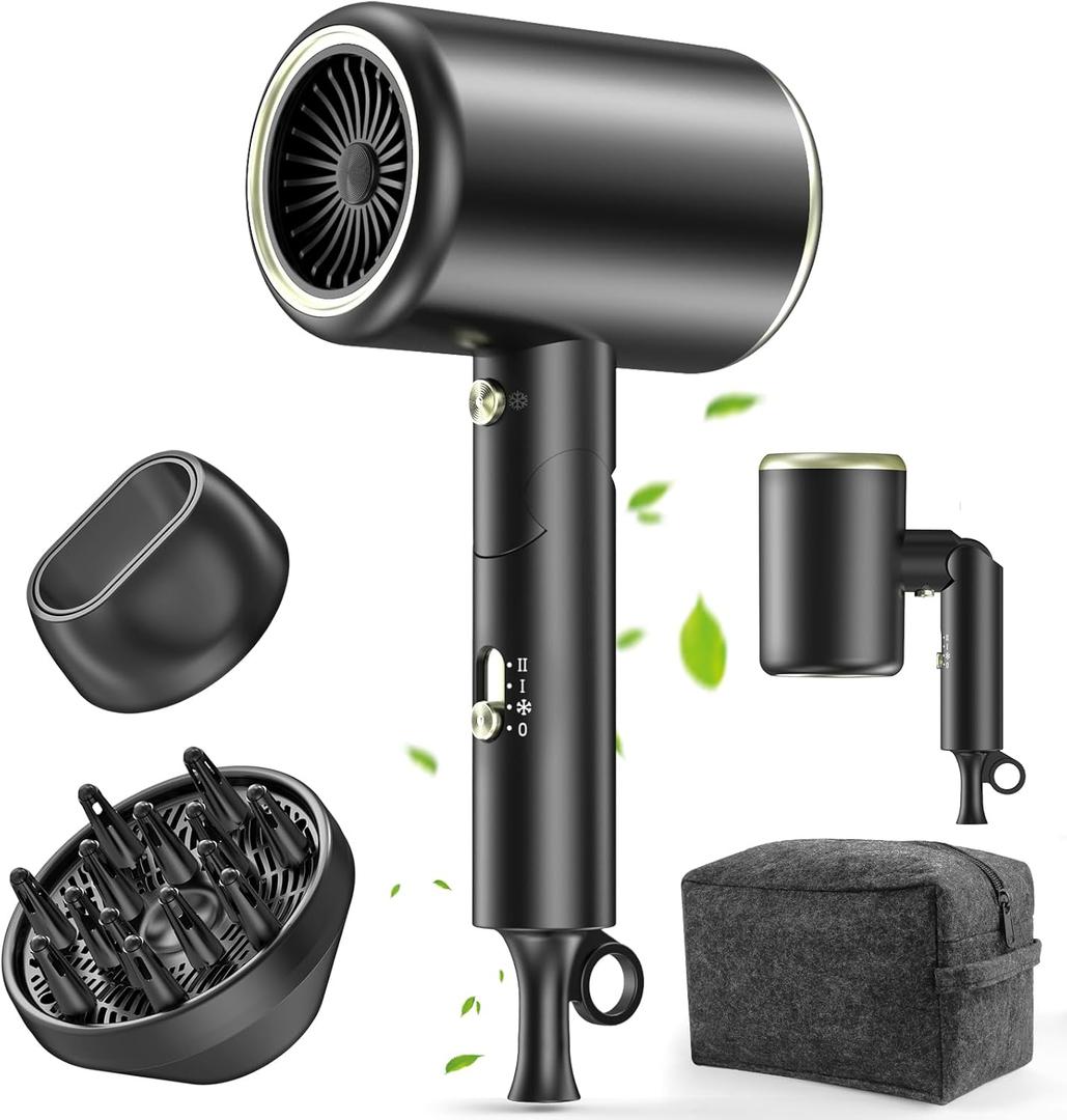 Hair Dryer, 150000RPM Ionic Blow Dryer - Fast Drying, Low Noise, Foldable Portable with Diffuser and Nozzle, Compact Mini for Women and Men, Home and Travel - Black