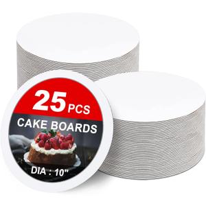 25-Packs Cake Boards 10 inch Round, White Cake Board Rounds, White Cake Circles Rounds Base Food-Grade Cardboard Cake Plate for displaying Cakes, Bread, DessertsThin and Sturdy