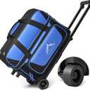 Double Roller 2 Ball Bowling Bag with Separate Shoe Compartment for Bowling Shoes (Up To US Mens Size 15) and Oversized Accessory Pocket, Retractable Handle - Extends to 40" (Black-Blue)