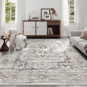 9x12 Area Rugs for Living Room, Machine Washable Non Slip Vintage Rug, Non-Slip Stain Resistant, Large Soft Home Decor Rug for Bedroom Dining Room (Beige/Brown, 9'x12')