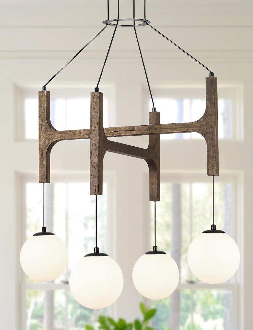 Vintage Milk Glass Pendant Light, Mid Century Wood Chandelier with Rustic Farmhouse Design, 4-Light Hanging Fixture for Kitchen Island, Dining Room, Bedroom Stairwell