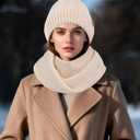Winter Beanie Hat Scarf Gloves Set for Women Fleece Lined Knit Pom Pom Beanie Neck Scarf Touchscreen Gloves Gift Set (Beige)