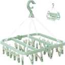 Clothes Drying Rack with 32 Clips, Foldable Hanging Rack, 360 Rotatable Hook for Drying Socks Baby Clothes Towels Gloves(Light Green)