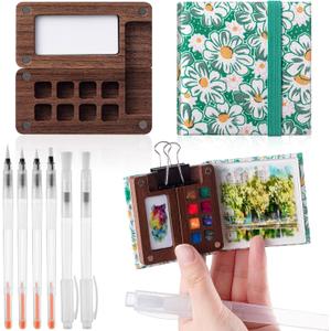 Qilery Mini Portable Watercolor Palette Set Wooden Grid Paint Box Watercolor Paper Sketch Book Brush Pens with Binder Clip for Painters Artist Not Include Paint(Mountain Chrysanthemum)
