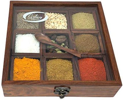 Galaxy Indiacraft Wooden Multipurpose Utility Table Top Spice Box | Removable Containers | Jars Cum Kitchen and Dry Fruit Box with Spoon (4 Multi-Compartments)