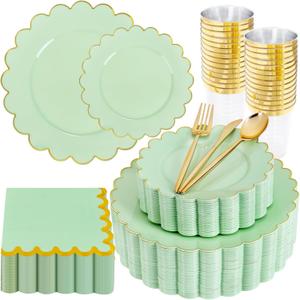 LIYH 210 Pcs Sage Green Plastic Disposable Scalloped Party Plates - Green Plates and Napkins Include Baby Shower Plate Gold Plastic Silverware for Weddings Birthday 30 Guests