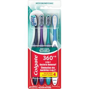Colgate 360 Whole Mouth Toothbrush, Adult Toothbrushes Medium Bristles, Helps Remove Bad Breath Bacteria and Plaque, Medium Toothbrush Pack, Includes Cheek and Tongue Cleaner, 4 Pack