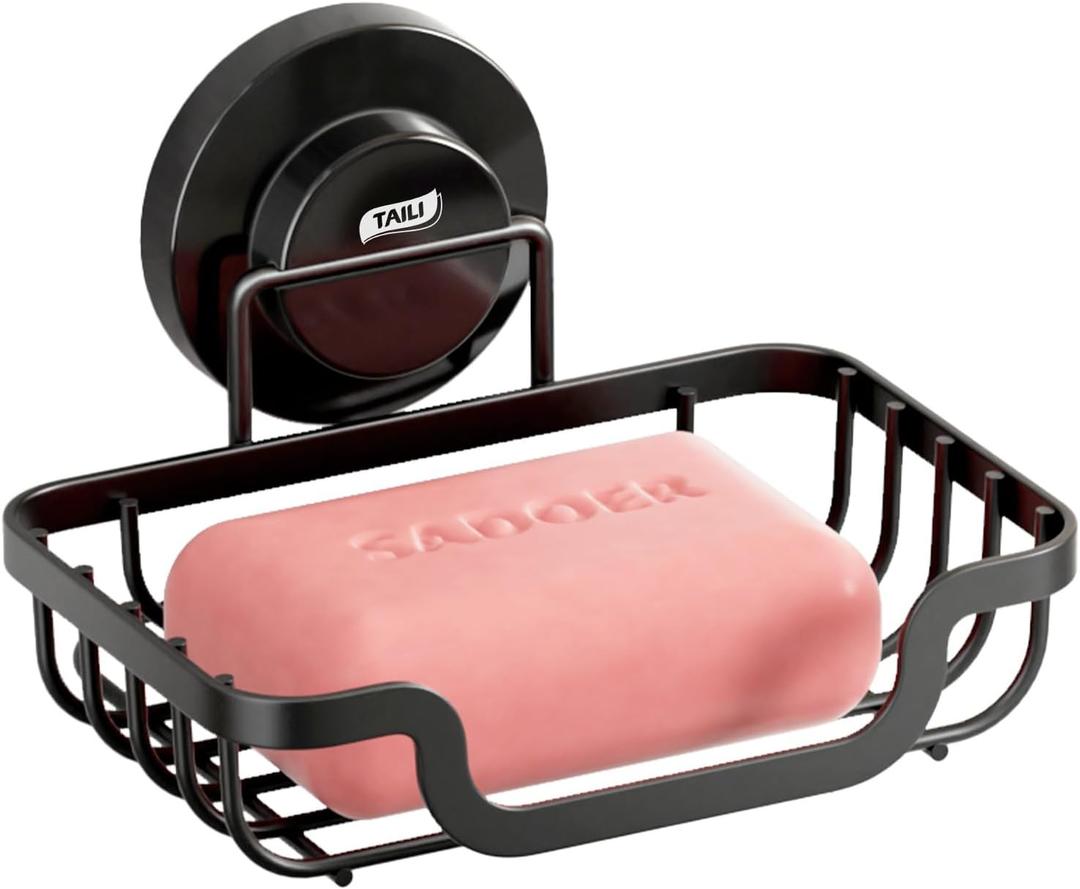 TAILI Soap Holder Dish Suction Cup, Soap Dish for Shower, Suction Bar Soap Holder for Bathroom, Rustproof Stainless Steel Drainable Bath Soap Dish Black (1 Tier)
