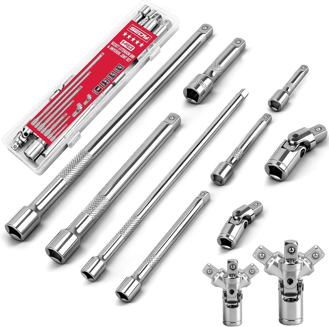 SEDY 9-Piece Socket Extension Bar Set, 1/4" & 3/8" Drive Ratchet Extensions 2", 3", 4", 6", 8" & 10" with Universal Joints, CR-V Steel for Tight Spaces