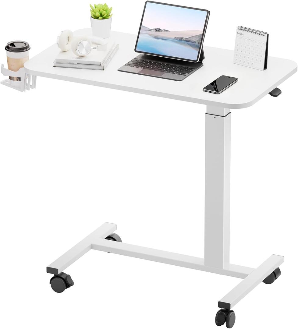 GTPLAYER Small Standing Desk with Wheels, Pneumatic Mobile Rolling Laptop Desk, Adjustable Height Overbed Bedside Table Computer Workstation for Home Office (28" W x 16" D, White)