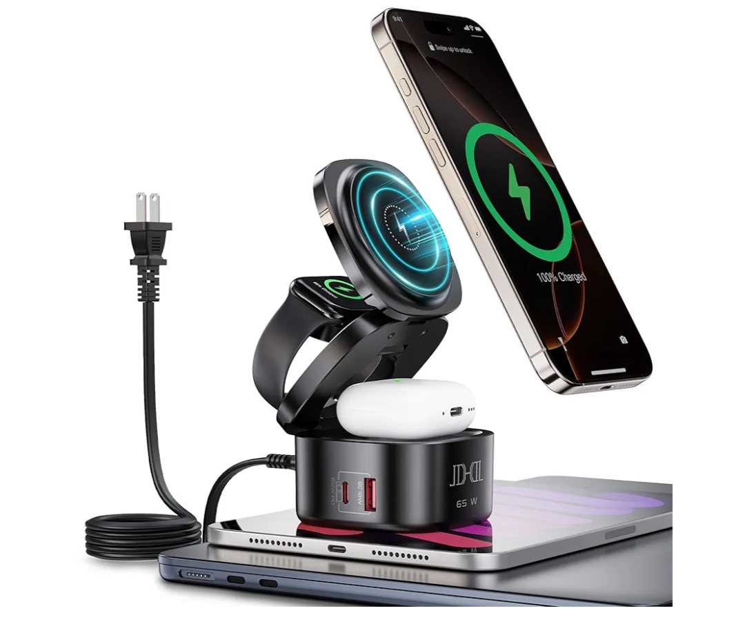 65W Charging Station for Multiple Devices, 5 in 1 Magnetic Wireless Charger Compatible with Magsafe Charger, GaN Foldable Fast Charging Stand for iPhone, MacBook, Apple Watch, Airpods, iPad