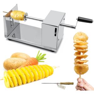 RioRand Manual Spiral Potato Cutter, Stainless Steel Tornado Twister with Blades for Curly Fries, DIY Potato Slicer for Home Kitchen, BBQ, Carrots, Cucumbers (Silver)