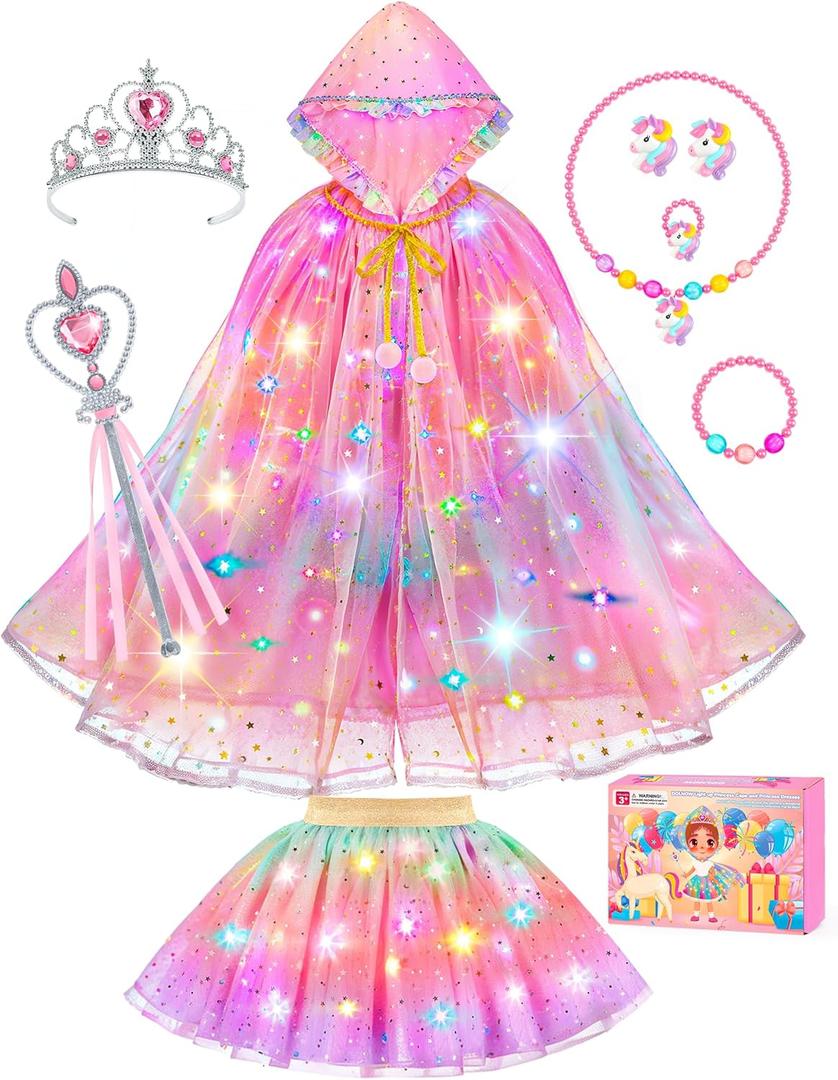 Princess Dress Up for Girls, Unicorn Light up Princess Cape Princess Dress Costume Crown Gift for Girls 3 4 5 6